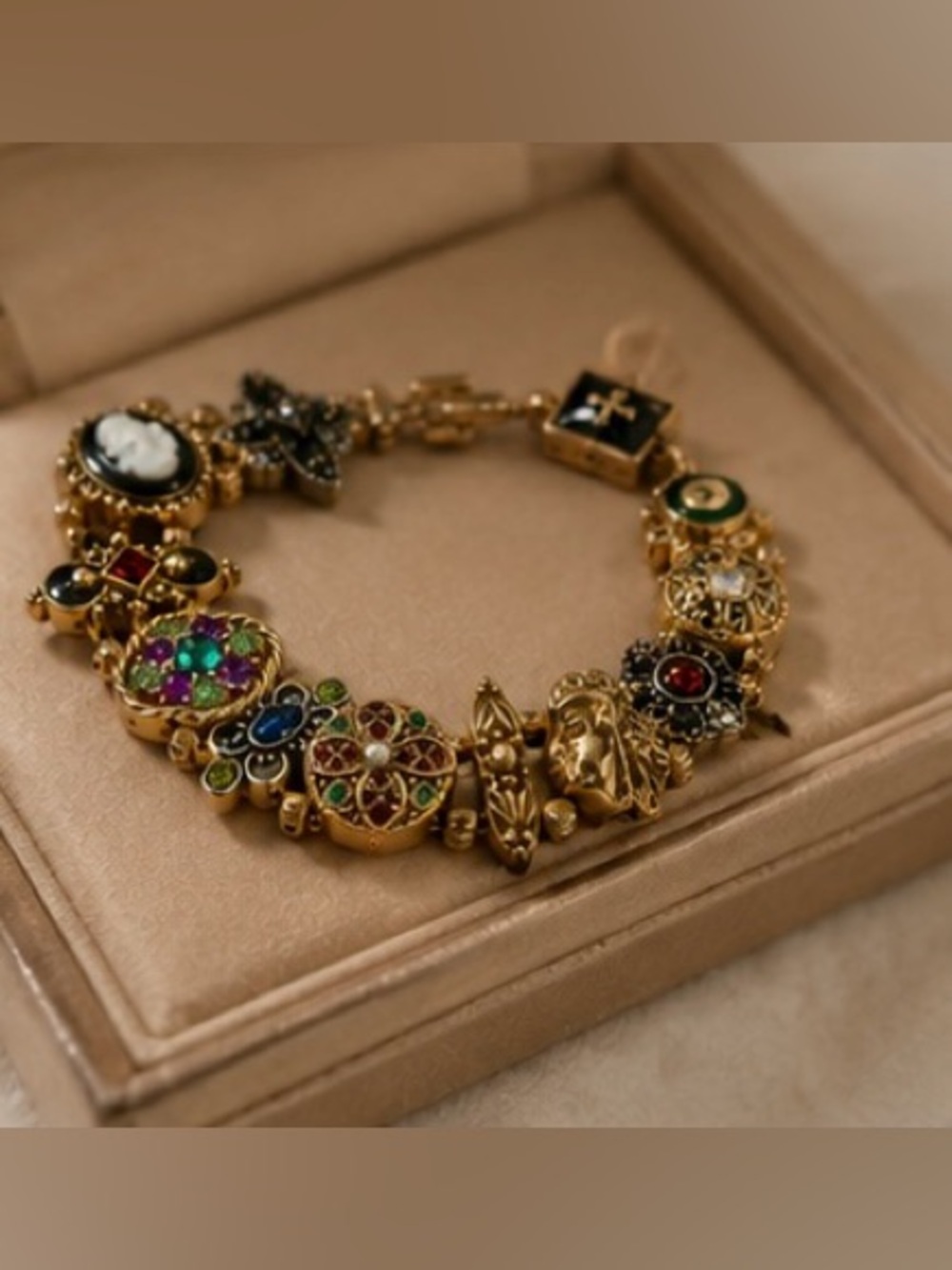 Vintage Art Deco Charm Bracelet | Antique Gold Statement Bracelet | Colorful - Picture 10 of 12